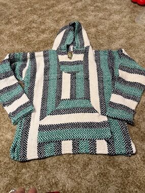 Striped Baja Hoodie Pullover in Cream, Black & Teal